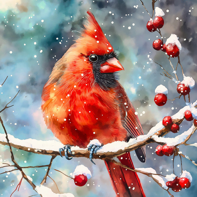 Red cardinal bird perched on a branch with snow and berries in a winter scene fabric panel