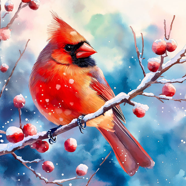 Red cardinal bird perched on a branch fabric panel