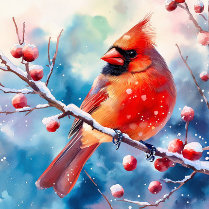 Red cardinal bird perched on a branch with snow and berries in a winter scene fabric panel