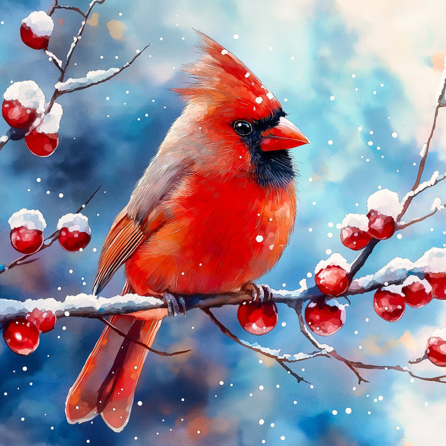 Red cardinal bird perched on a branch with red berries and snow in the background quilt panel