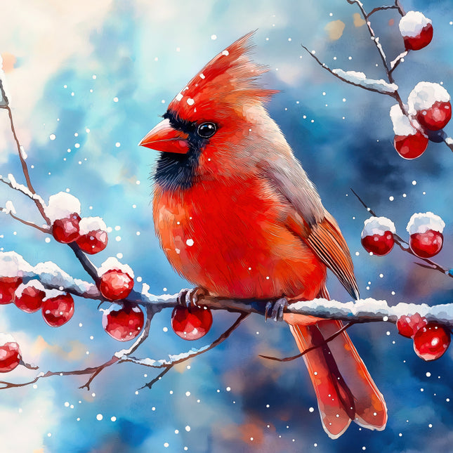 Red cardinal bird perched on a branch with snow and berries in a winter scene fabric panel
