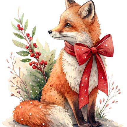 Illustration of a fox wearing a red bow fabric panel