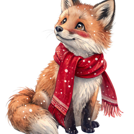 Fox wearing a red scarf with white polka dots cotton fabric panel