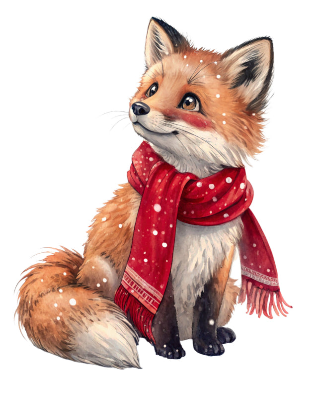Fox wearing a red scarf with white polka dots cotton fabric panel