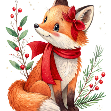 Illustration of a fox wearing a red scarf and bow cotton fabric panel