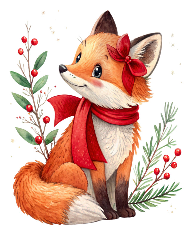 Illustration of a fox wearing a red scarf and bow cotton fabric panel