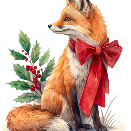 Fox with a red bow and holly leaves quilt block
