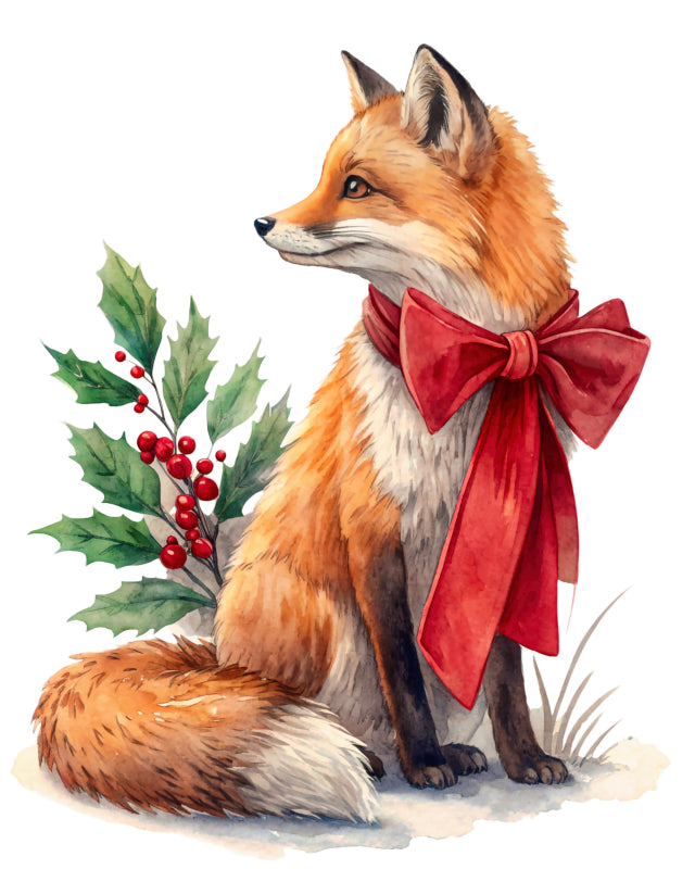 Fox with a red bow and holly leaves quilt block