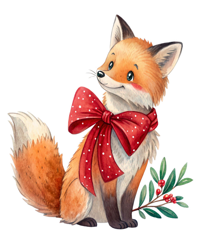 Illustration of a fox wearing a red bow with white polka dots quilt block