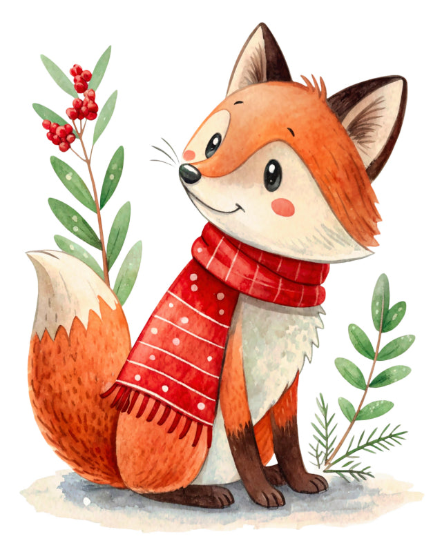 Illustration of a fox wearing a red scarf with green leaves and berries fabric panel
