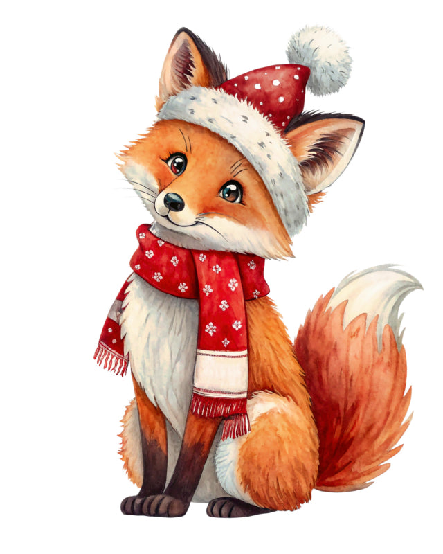 Illustration of a fox wearing a red scarf and hat fabric panel