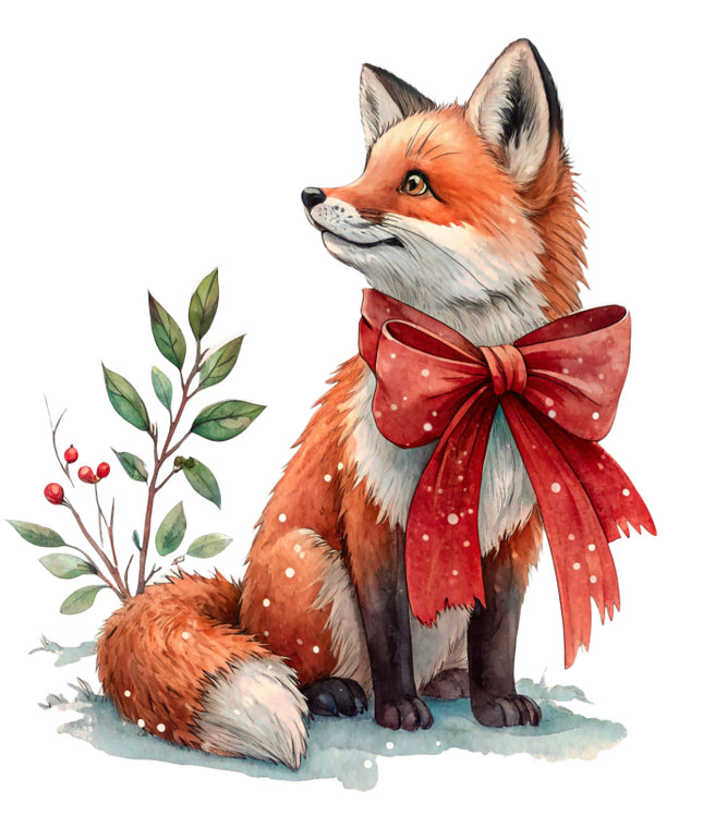 Fox wearing a red bow with berries and leaves fabric panel
