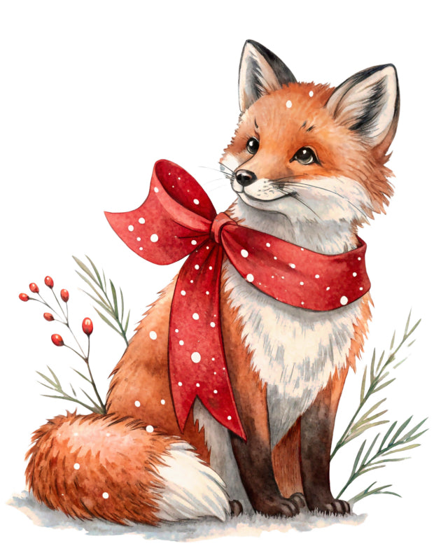 Illustration of a fox wearing a red polka dot scarf fabric panel