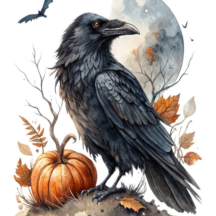 Black crow standing next to a pumpkin with autumn leaves fabric panel