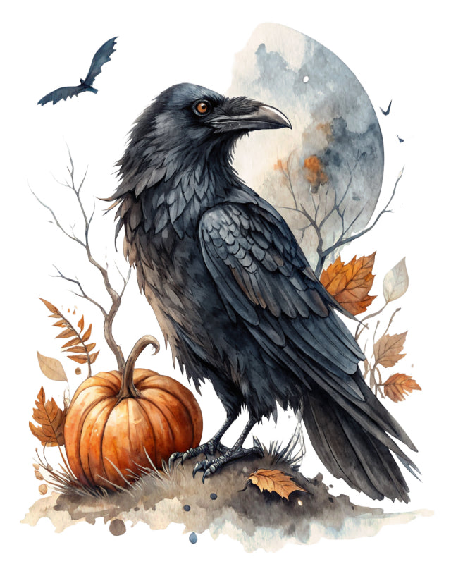 Black crow standing next to a pumpkin with autumn leaves fabric panel