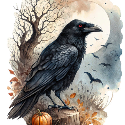 crow with a pumpkin, bats, and a moonlit fabric panel