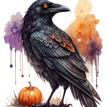 Illustration of a crow with a pumpkin and colorful splashes fabric panel