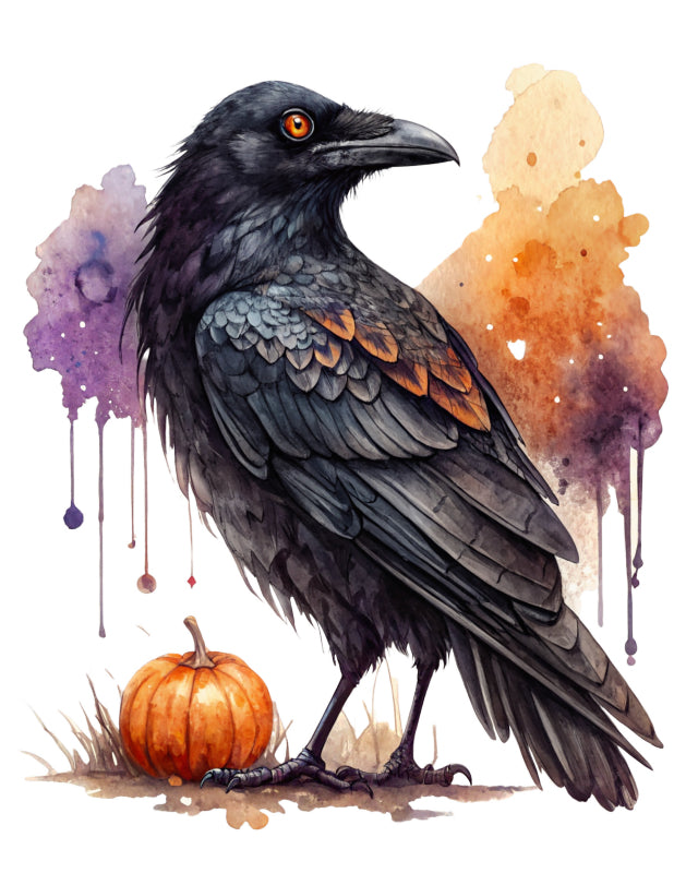 Illustration of a crow with a pumpkin and colorful splashes fabric panel