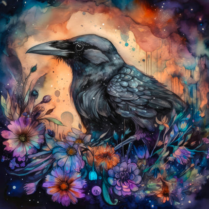crow among colorful flowers with a cosmic background quilt panel