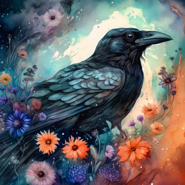 Black crow surrounded by colorful flowers in a fantasy setting fabric panel