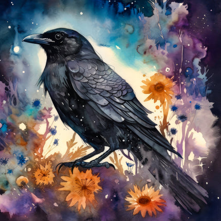 Black crow perched among colorful flowers with a mystical background fabric panel