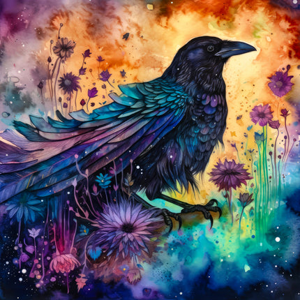 Colorful crow with flowers and a starry sky fabric panel