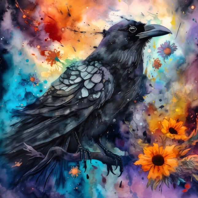 Colorful painting of a raven with flowers fabric panel