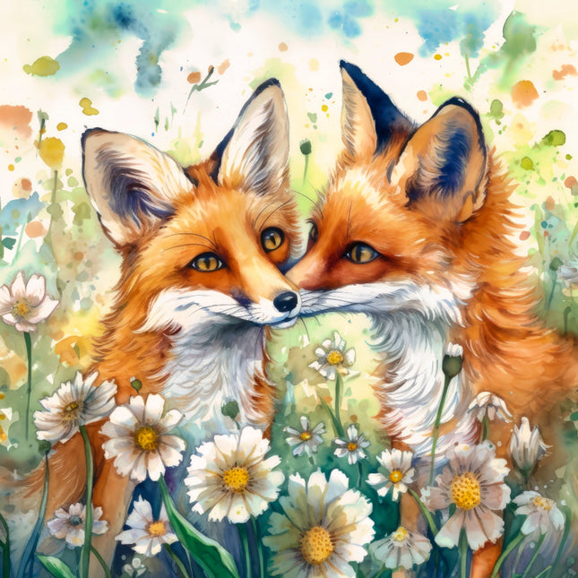 Two foxes standing close together in a field of flowers fabric panel