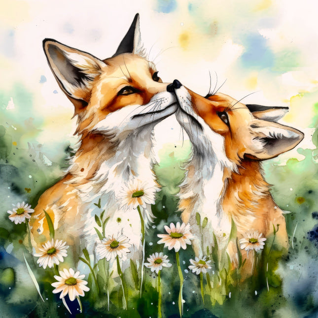 Two foxes in a field of flowers fabric panel