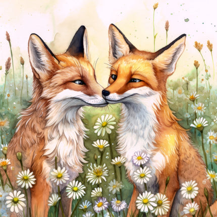 Two foxes standing close together in a field of flowers fabric panel