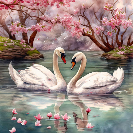 Two swans swimming in a pond with cherry blossom trees fabric panel