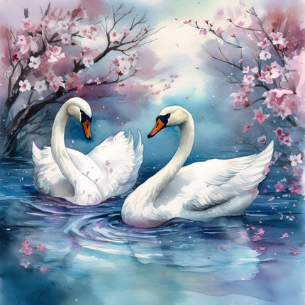 Two swans swimming in water with cherry blossoms in the background fabric panel