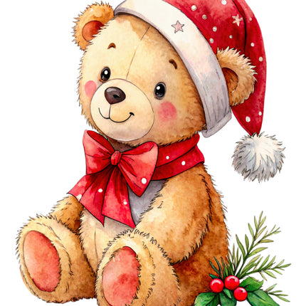 Teddy bear wearing a Christmas hat and bow tie with holly leaves and berries cotton fabric panel