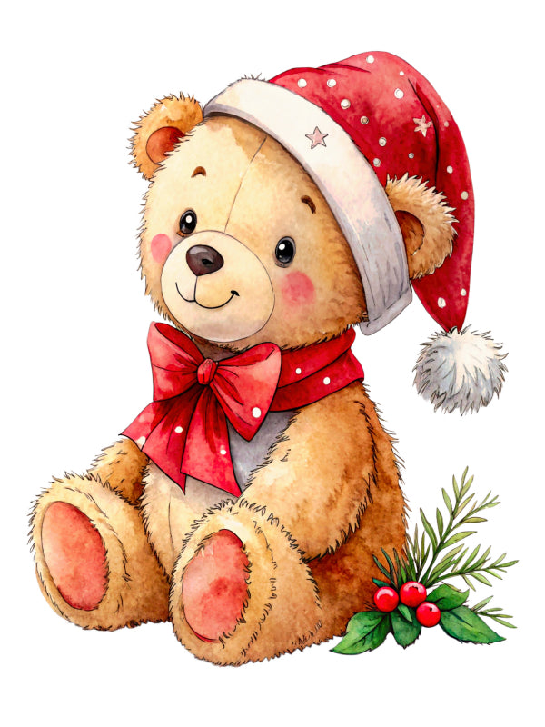 Teddy bear wearing a Christmas hat and bow tie with holly leaves and berries cotton fabric panel