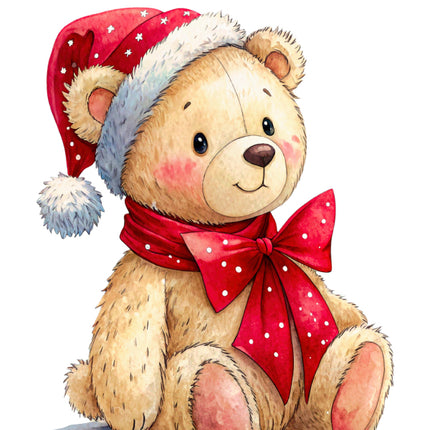 Teddy bear wearing a red and white Christmas hat and scarf cotton fabric panel