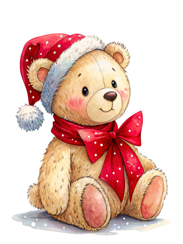Teddy bear wearing a red and white Christmas hat and scarf cotton fabric panel