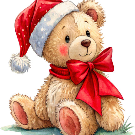 Teddy bear wearing a Santa hat and red bow fabric panel