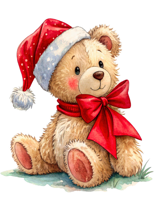 Teddy bear wearing a Santa hat and red bow fabric panel