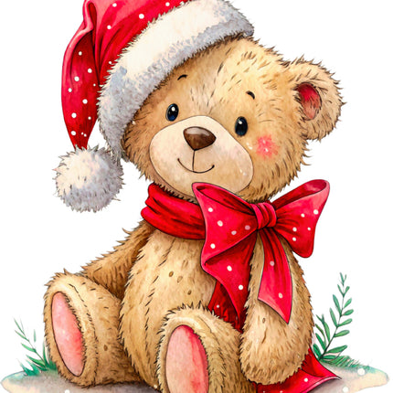 Teddy bear wearing a red Santa hat and bow fabric panel