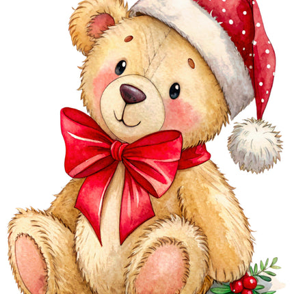 Christmas teddy bear with a red bow and Santa hat fabric panel