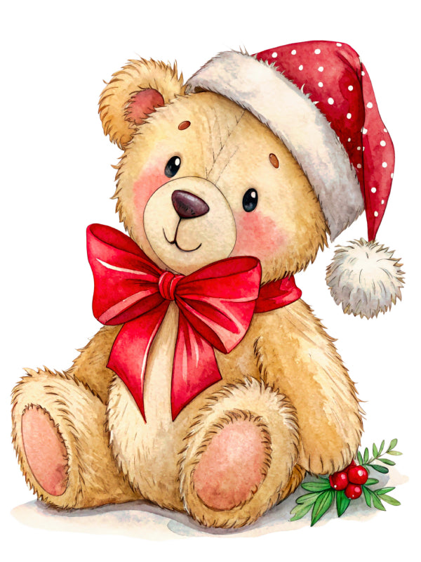 Christmas teddy bear with a red bow and Santa hat fabric panel