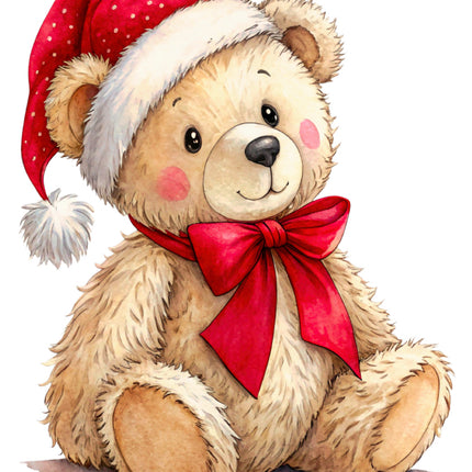 Teddy bear wearing a Santa hat and red bow fabric panel