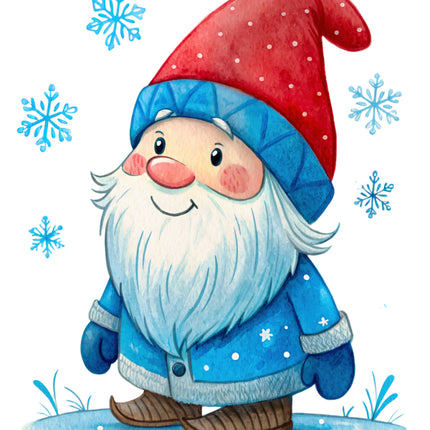 Winter gnome with red hat and blue coat surrounded by snowflakes fabric panel