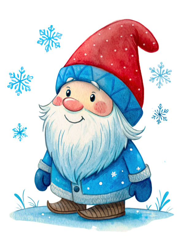 Winter gnome with red hat and blue coat surrounded by snowflakes fabric panel