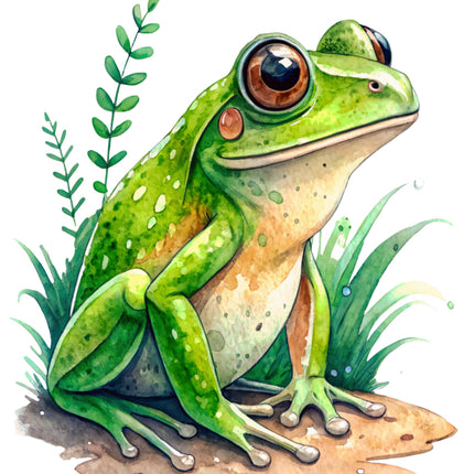 Illustration of a green frog with detailed texture fabric panel