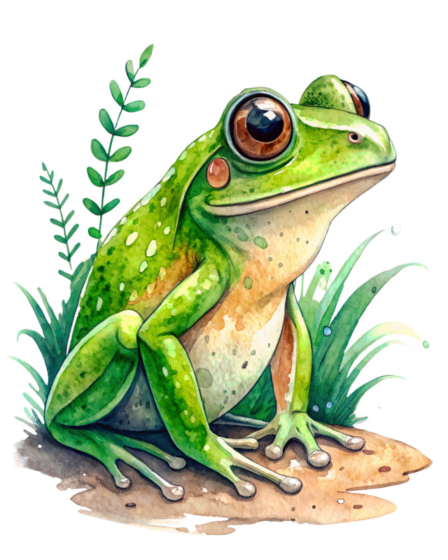Illustration of a green frog with detailed texture fabric panel