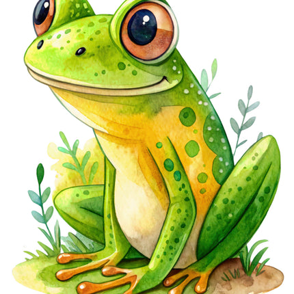 Illustration of a green frog with large eyes fabric panel