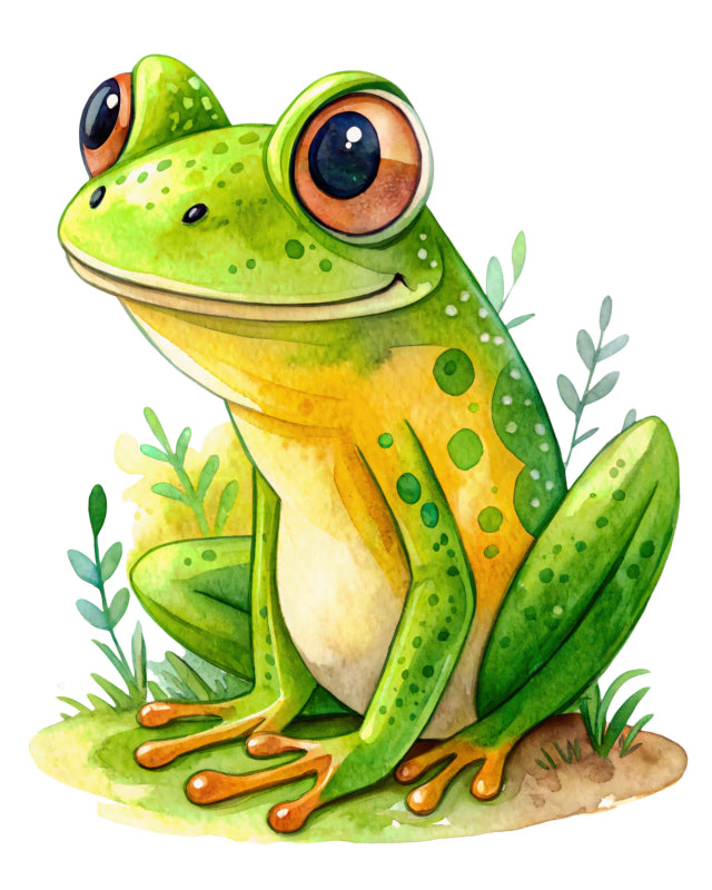 Illustration of a green frog with large eyes fabric panel