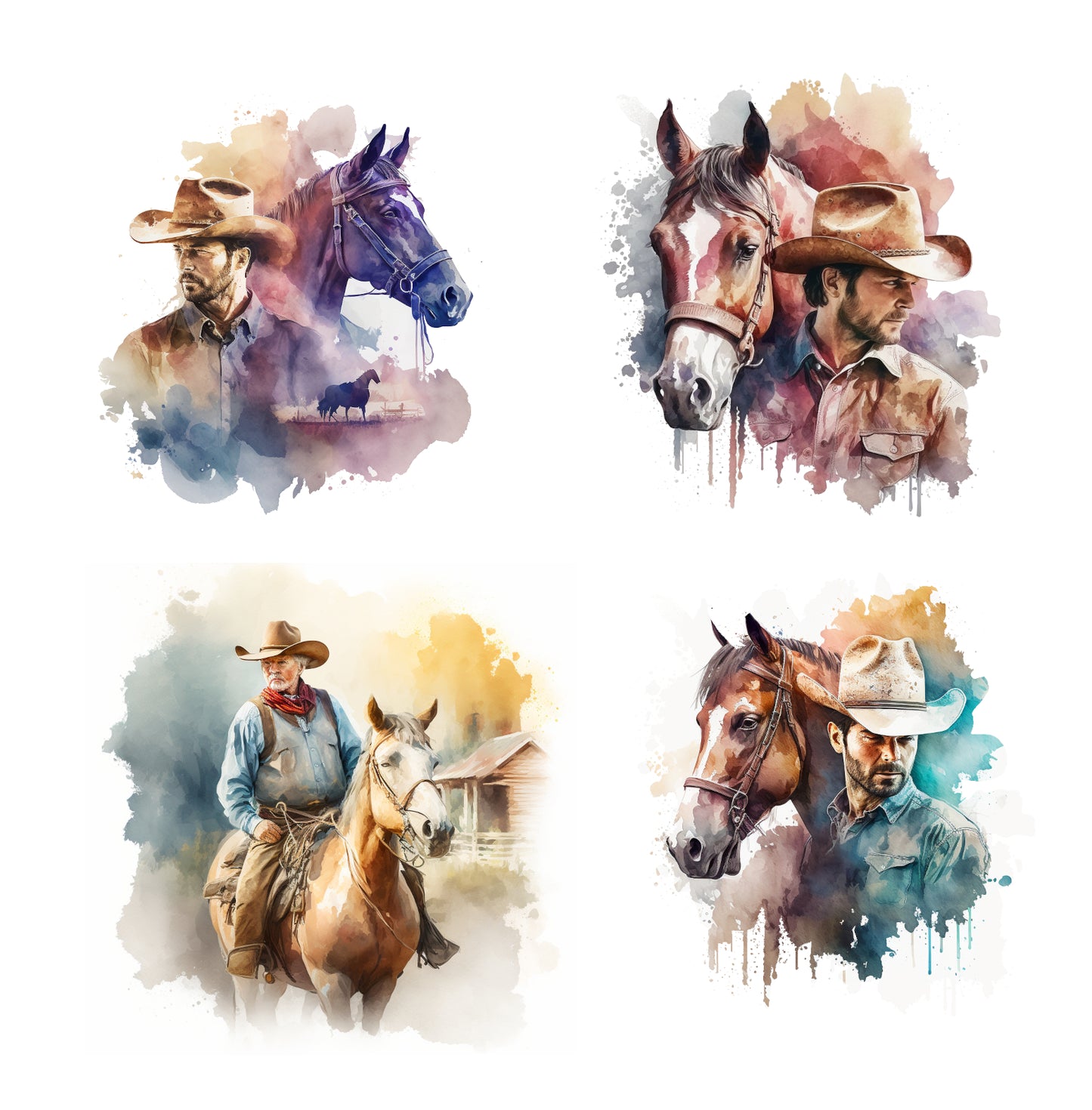 4 Piece 6"x6" Cowboy Horse 100% Cotton Fabric Panel Squares | Quilting Sewing Blocks