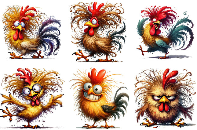 6 Piece 3"x3" Quirky Humor Chickens 100% Cotton Fabric Panel Squares Quilting Blocks